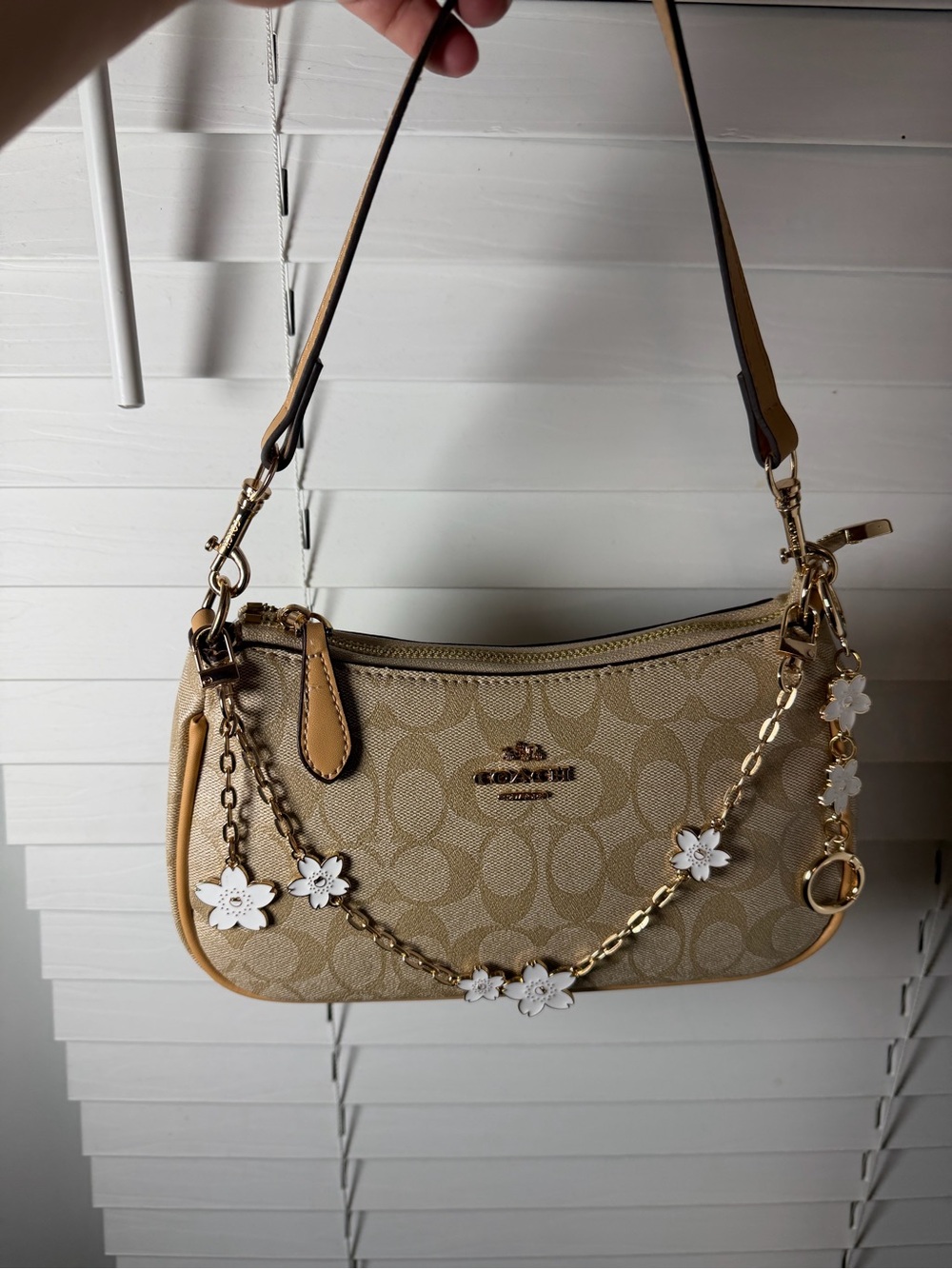 Coach Beige Signature Jacquard Shoulder Bag with White Floral Charm